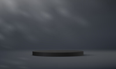 Empty black studio room background. Black background vector 3d with podium. Empty room with shadow leaves. Space for selling products on the website. Vector illustration.