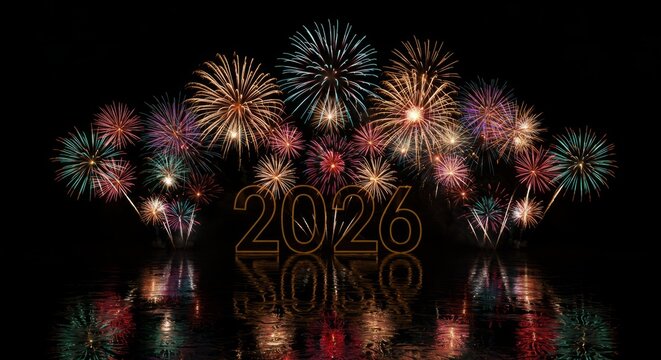 Colorful Fireworks Exploding Over Water at Night Celebrating New Year 2026