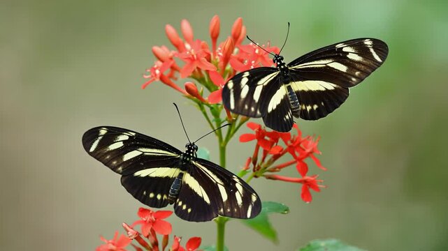 Two Zebra Heliconian butterfly feed on small red flower blossoms