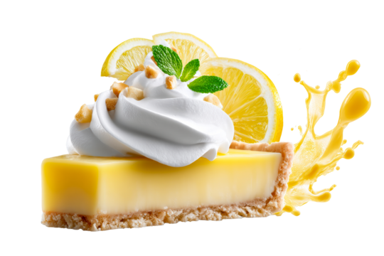 Lemon tart slice with cream and garnish on clear bg