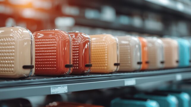 A colorful collection of stylish luggage in a retail setting, showcasing various designs and colors, perfect for attracting travel enthusiasts and fashionable consumers alike.