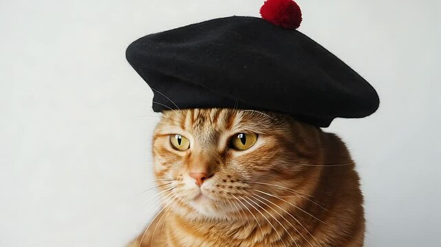 Cute Ginger Cat Wearing a Black Beret with Red Pom Pom in Multiple Poses