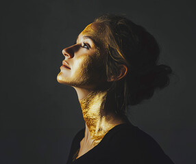 portrait of young young women looking upward with golden paint on her face.