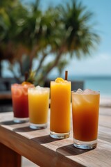 Refreshing colorful tropical drinks on wooden table by beach