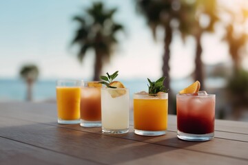 Refreshing summer cocktails on beachside wooden table with citrus garnish