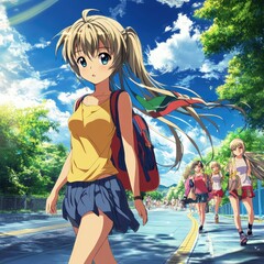 A girl in a yellow top walks down a sunny road, with other girls in the background