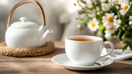 Fototapeta premium A serene display of a white cup filled with tea, complemented by a stylish teapot and fresh flowers, reflecting tranquility and cozy moments shared over a warm beverage.
