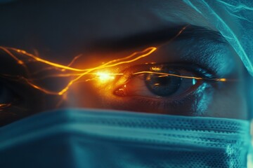 Close-Up of Eye with Glowing Light and Medical Protective Gear