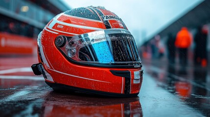 Wet racing helmet on track