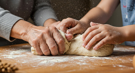 “Hands of Two Generations Kneading Dough Together”

