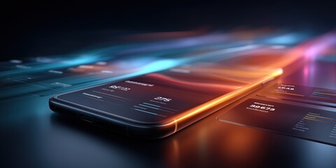 Dynamic abstract smartphone interface with glowing charts and futuristic lines for digital analytics marketing.