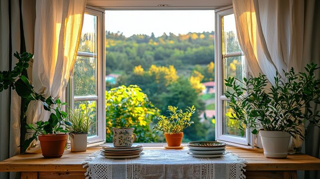 Fototapeta Sunlight streams through an open window, showcasing a scenic view of rolling hills and lush greenery