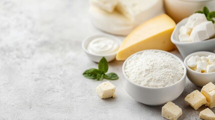 A beautiful display of assorted cheeses arranged artistically on a stone table, highlighting the textures and varieties, celebrating the art of gourmet food presentation.