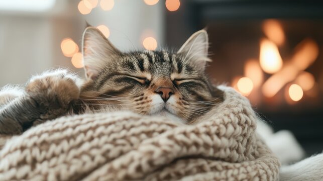 A cute and content cat snuggled cozily in a soft blanket, exuding a vibe of warmth and tranquility, representing comfort and the carefree essence of a pet's life.