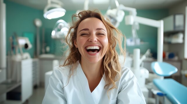 A dental professional smiles joyfully, showcasing a welcoming atmosphere in a clean clinic with dental equipment in the background, representing care and compassion. - Powered by Adobe