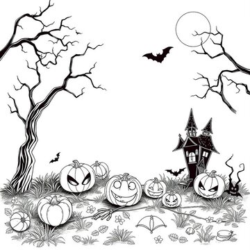 Verspielte Halloween-Szene in schwarzer Line-Art mit K&uuml;rbissen, Flederm&auml;usen und Spukhaus &ndash; ideal f&uuml;r Ausmalbilder oder gruselige Deko.