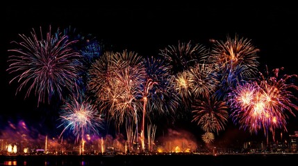 Vibrant Fireworks Finale Over City Skyline at Night: Celebration, New Year, Event