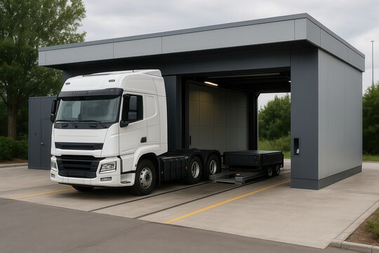 White electric semi truck charging battery swapping station