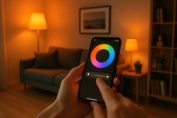 Person adjusting smart led light bulb color and brightness using mobile app