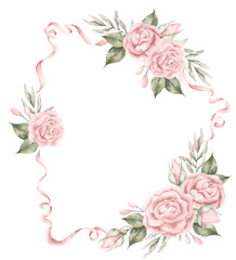 Pink dreams. Watercolor hand-drawn frame with floral composition, bow and ribbons. Fairytale illustration for baby girl. Template card for design baby shower, birthday, girls's parties and nursery.
