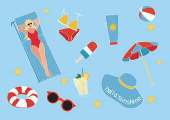 Summer Vacation Illustration Set swimwear woman character travel holiday vector hand drawn illustrated beach ball pool float sun hat sunscreen parasol umbrella bikini sunglasses ice lolly pop lemon