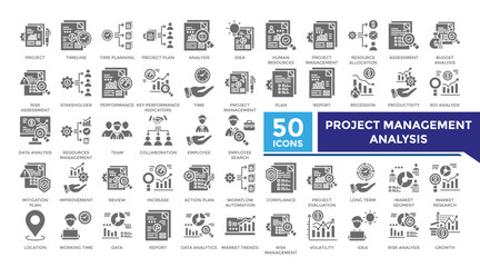 Project management analysis solid icon set collection. This set includes project, audit, resource allocation, budget, data, analysis and more icons in solid style. Icons collection for infographics