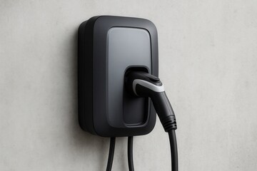 Electric vehicle charging station hanging on a concrete wall