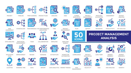 Project management analysis icon solid two color set collection. This set includes project, audit, resource, budget, data, analysis, plan and more icon in solid style. Icons collection for infographic