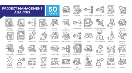 Project management analysis lineal icon set collection. This set includes project, audit, resource allocation, budget, data, analysis and more icons in lineal style. Icons collection for infographics