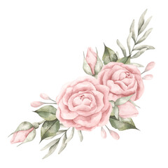 Pink dreams. Watercolor hand-drawn border with floral composition of pink roses and eucalyptus.  Fairytale illustration for baby girl. Illustration for design birthday, girls's parties and nursery.