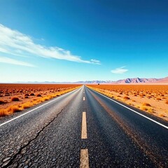 Fototapeta premium Cracked earth flanks a lone highway stretching towards a vibrant blue sky , panoramic, solitude, exploration