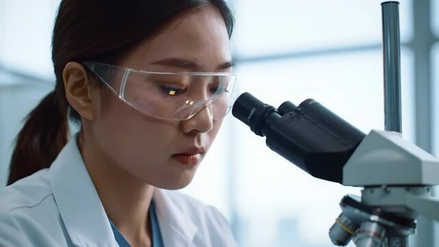 Asian female scientist wearing protective glasses using a microscope during research in a laboratory