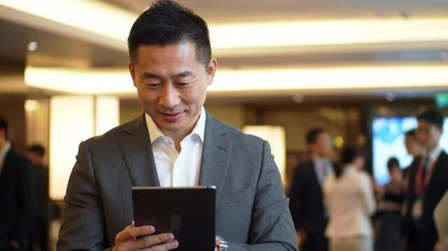 Asian businessman in formal suit using a tablet in a modern hotel lobby