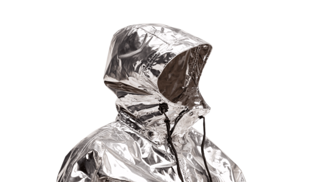 A chrome raincoat, white background --ar 16:9