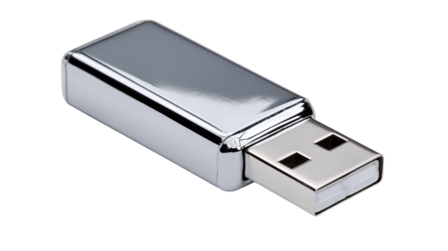 A chrome USB flash drive, white background --ar 16:9