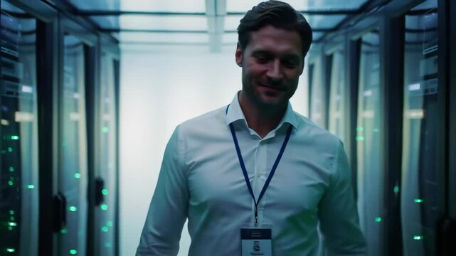 Licensed IT administrator walking through a server room, performing data backups, managing centralized storage, and debugging UPS systems to ensure uninterrupted operation