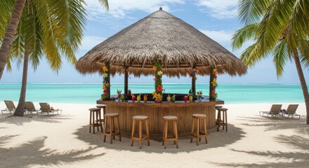Fototapeta premium Beach bar with thatched roof on the white sand near turquoise sea
