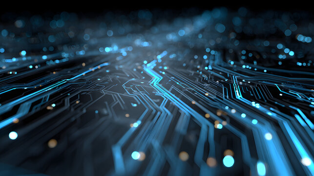 Futuristic circuit board background pulsating with blue energy and data flow