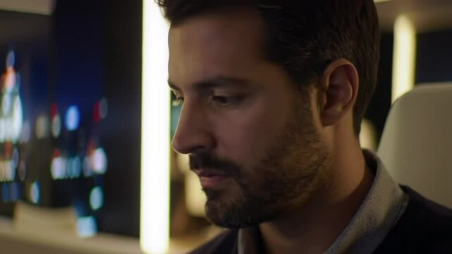 Headshot of a handsome man working on a laptop at night in a dimly lit office 