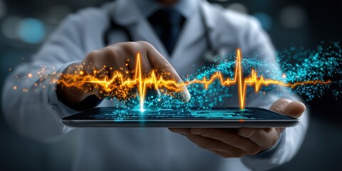 Doctor interacting with digital tablet displaying vibrant heart rate data for futuristic medical technology marketing.