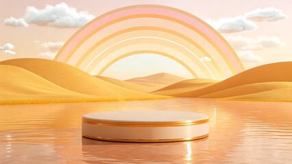 3d rendered desert landscape with a presentation podium under a pastel rainbow