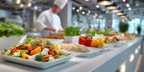 Bright, modern self-service canteen with a long white buffet of fresh salads and hot food. A chef in uniform works in the softly blurred background.