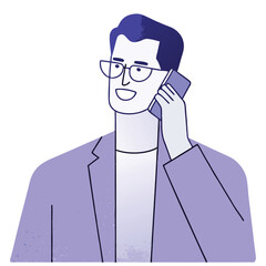 Smiling man with glasses uses a phone, wearing a blue jacket for a call