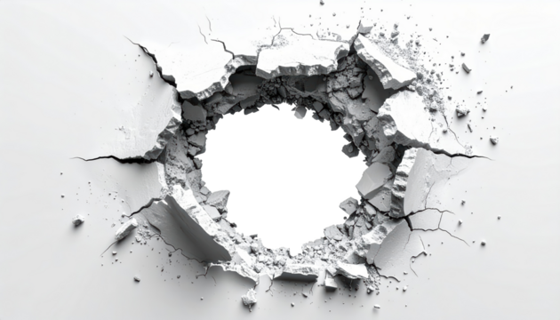 Circular void in a white wall with radiating cracks Broken debris and shattered fragments surround the central impact