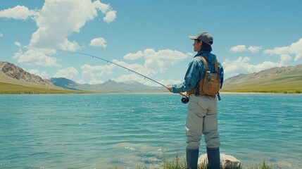 Woman fly fishing tranquil lake