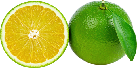 Vibrant green citrus fruit whole with a leaf and a cross section revealing its bright yellow pulp and juicy segments