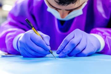 Surgeon in Purple Scrubs Performing Precision Surgery with Tool