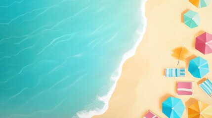 Obraz premium Aerial View of a Tropical Beach with Colorful Umbrellas and Calm Turquoise Waters