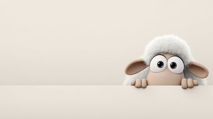 Cute cartoon sheep peeking over the edge of an empty white surface, with big eyes and woolly fur