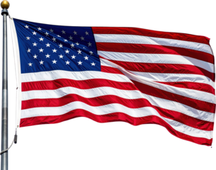 American flag with vibrant red and white stripes and white stars on blue canton waving on a metal pole Transparent